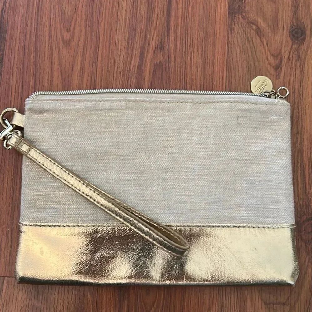 Christen Maxwell New York metallic gold and linen beige wristlet pouch bag